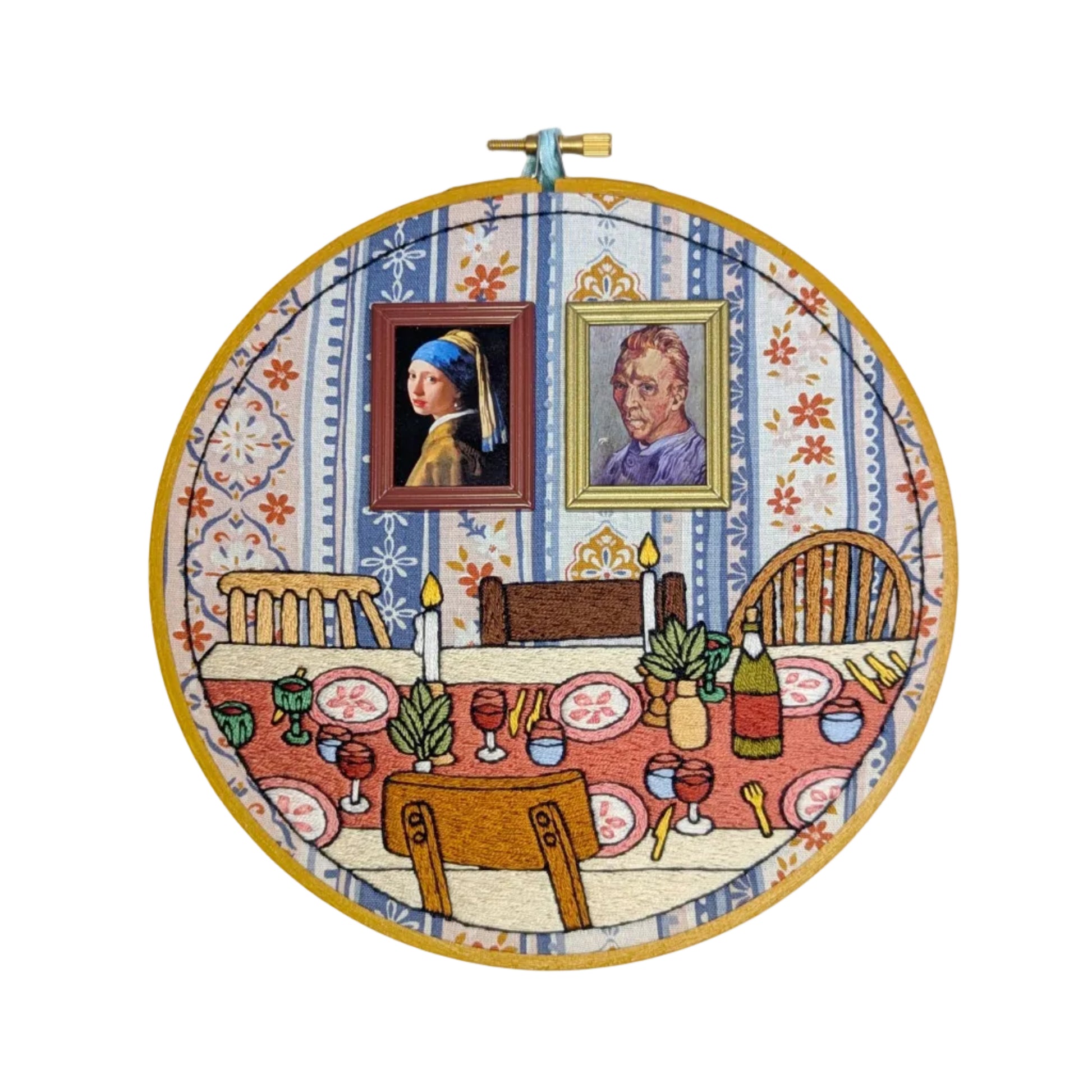Embroidery hoop with a detailed scene of a dining room and portraits, inspired by famous artworks.