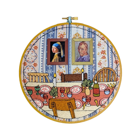 Embroidery hoop with a detailed scene of a dining room and portraits, inspired by famous artworks.