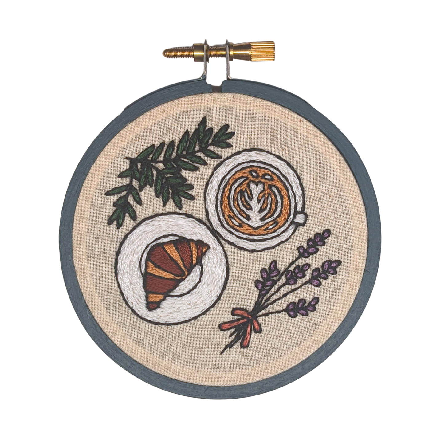 Coffee and Croissant Finished Embroidery Ornament