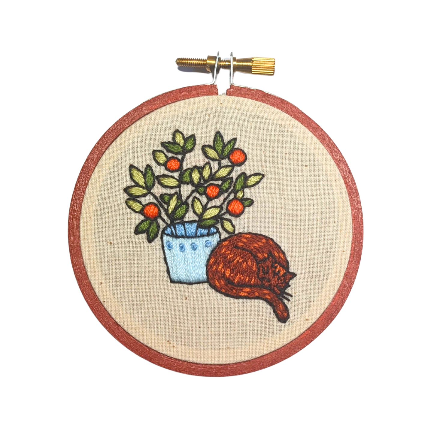 Orange Tree and Cat Finished Embroidery Ornament