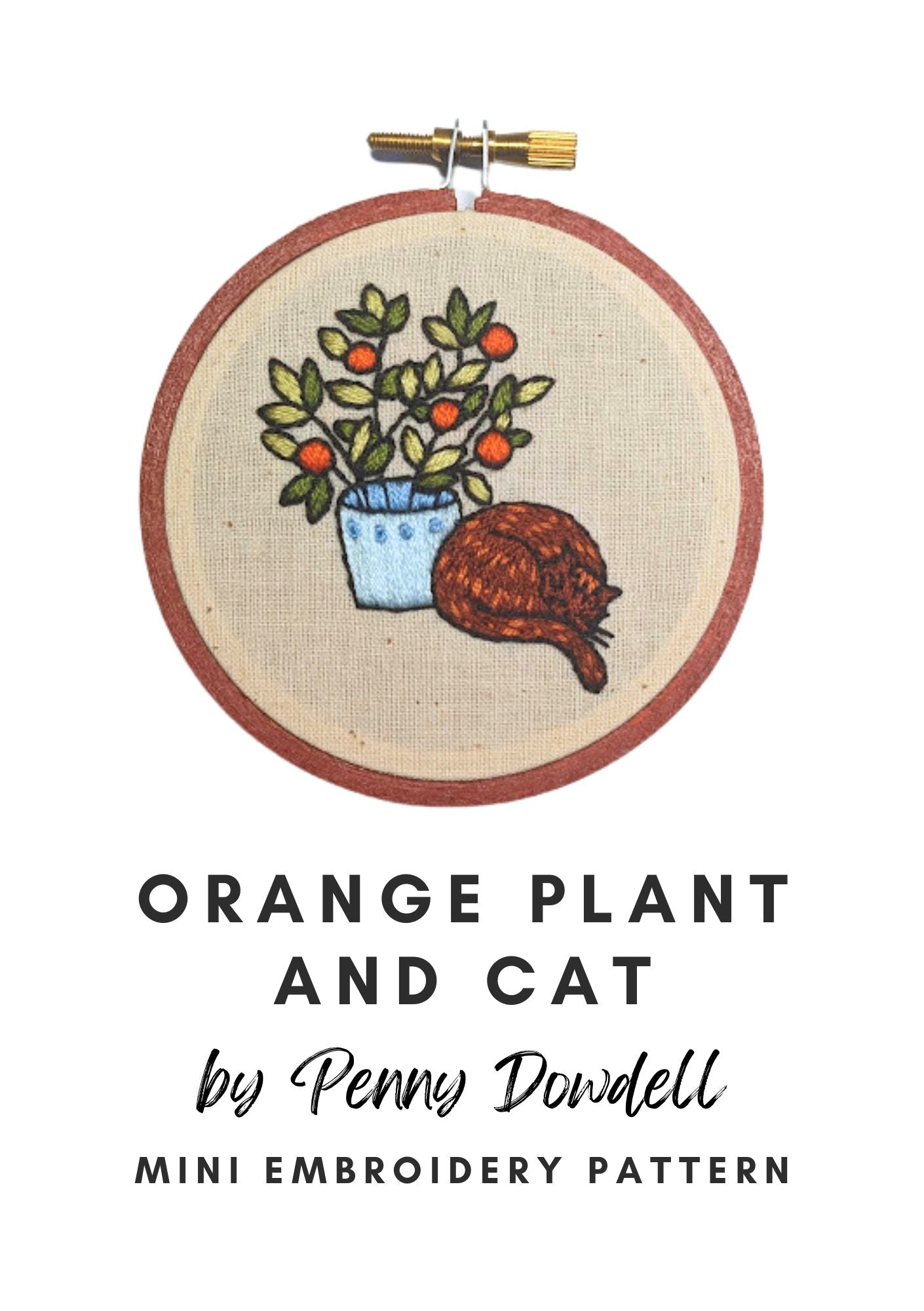 Orange Plant and Cat Mini Embroidery PDF Pattern