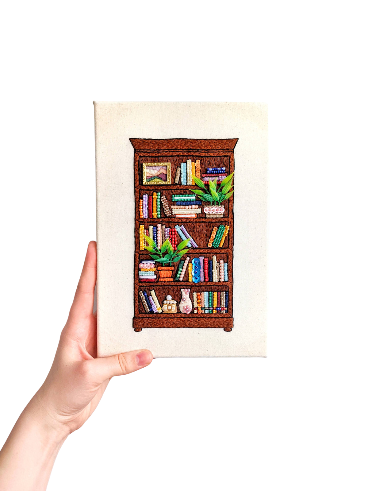 Beaded Bookshelf Canvas, Finished Embroidery